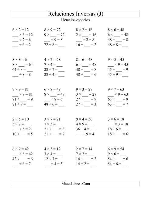 La hoja de ejercicios de Relaciones Inversas, Multiplicación y División de 2 a 9 (J)