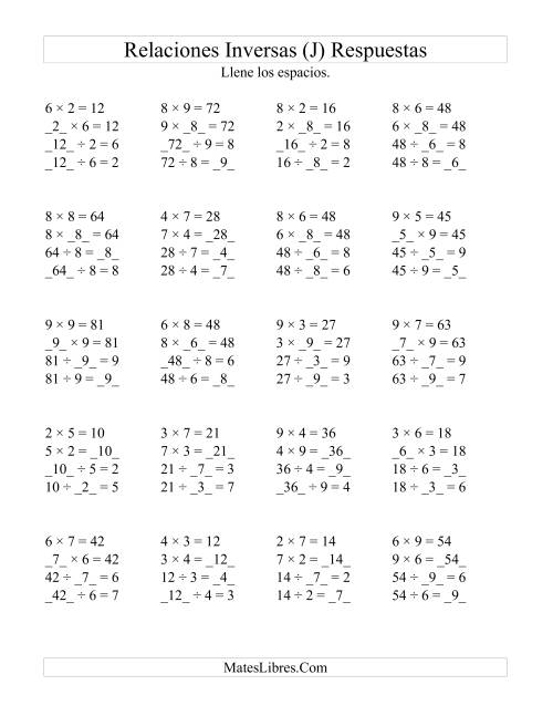 La hoja de ejercicios de Relaciones Inversas, Multiplicación y División de 2 a 9 (J) Página 2
