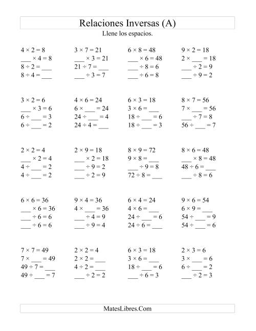La hoja de ejercicios de Relaciones Inversas, Multiplicación y División de 2 a 9 (Todas)