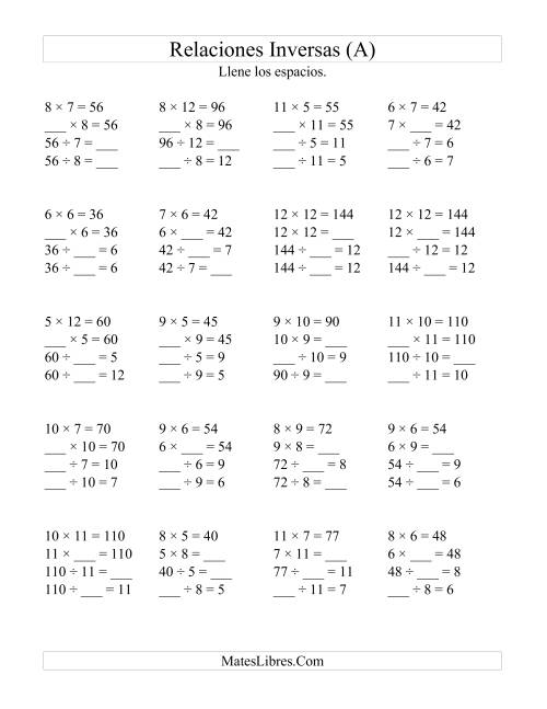 La hoja de ejercicios de Relaciones Inversas, Multiplicación y División de 5 a 12 (A)