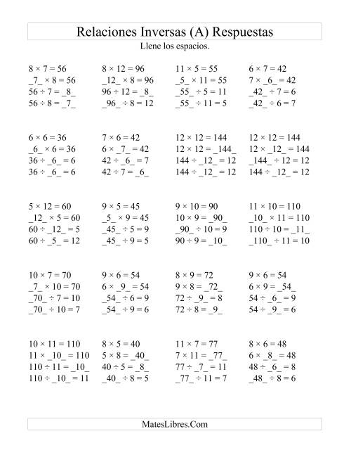 La hoja de ejercicios de Relaciones Inversas, Multiplicación y División de 5 a 12 (A) Página 2