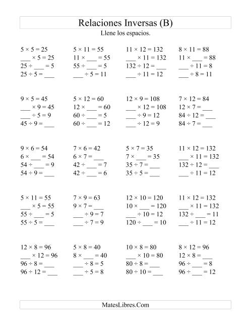 La hoja de ejercicios de Relaciones Inversas, Multiplicación y División de 5 a 12 (B)