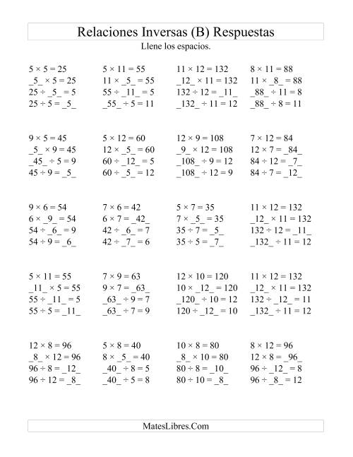 La hoja de ejercicios de Relaciones Inversas, Multiplicación y División de 5 a 12 (B) Página 2