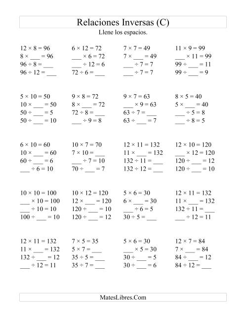 La hoja de ejercicios de Relaciones Inversas, Multiplicación y División de 5 a 12 (C)