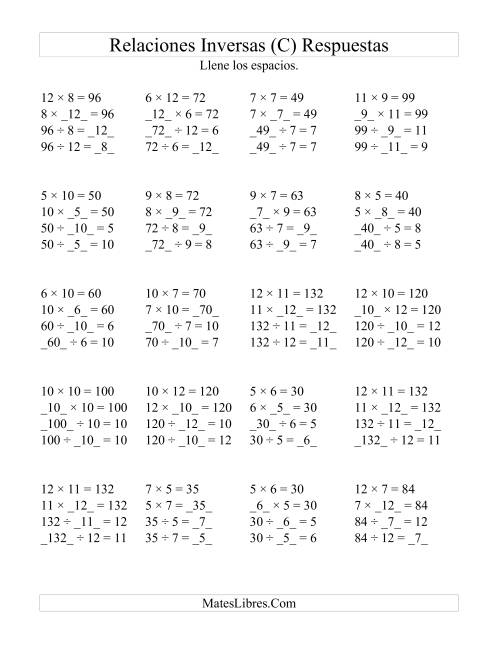La hoja de ejercicios de Relaciones Inversas, Multiplicación y División de 5 a 12 (C) Página 2