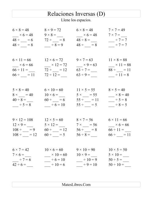 La hoja de ejercicios de Relaciones Inversas, Multiplicación y División de 5 a 12 (D)
