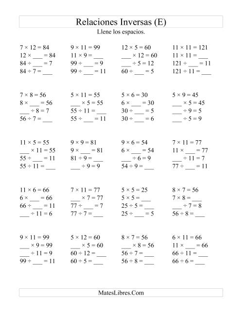 La hoja de ejercicios de Relaciones Inversas, Multiplicación y División de 5 a 12 (E)
