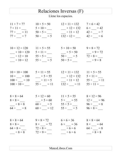 La hoja de ejercicios de Relaciones Inversas, Multiplicación y División de 5 a 12 (F)