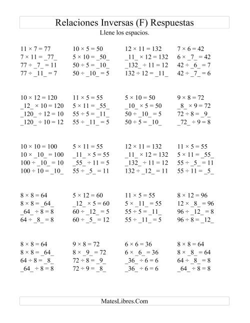 La hoja de ejercicios de Relaciones Inversas, Multiplicación y División de 5 a 12 (F) Página 2