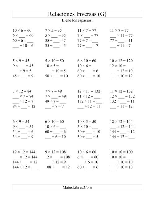 La hoja de ejercicios de Relaciones Inversas, Multiplicación y División de 5 a 12 (G)