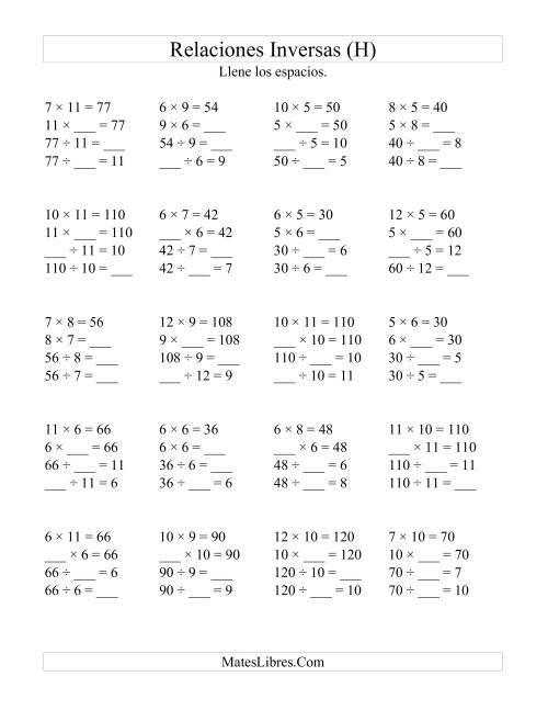 La hoja de ejercicios de Relaciones Inversas, Multiplicación y División de 5 a 12 (H)