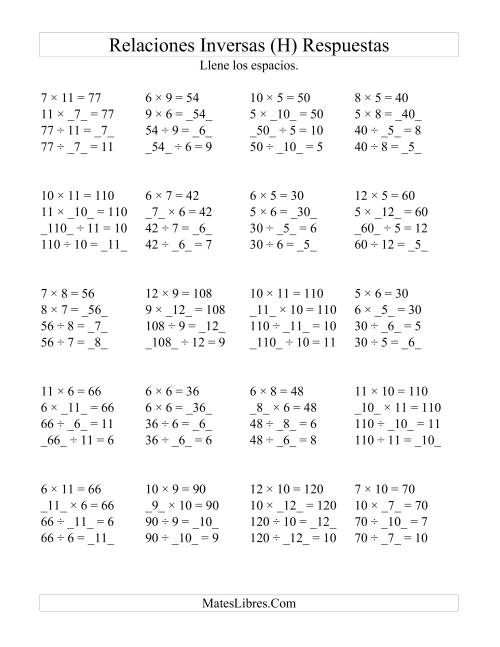 La hoja de ejercicios de Relaciones Inversas, Multiplicación y División de 5 a 12 (H) Página 2