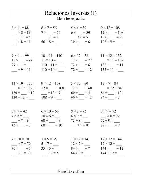 La hoja de ejercicios de Relaciones Inversas, Multiplicación y División de 5 a 12 (J)