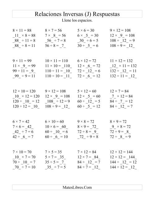 La hoja de ejercicios de Relaciones Inversas, Multiplicación y División de 5 a 12 (J) Página 2