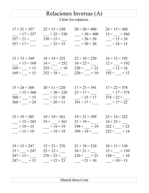 La hoja de ejercicios de Relaciones Inversas, Multiplicación y División de 10 a 25 (A)