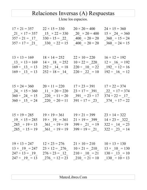 La hoja de ejercicios de Relaciones Inversas, Multiplicación y División de 10 a 25 (A) Página 2