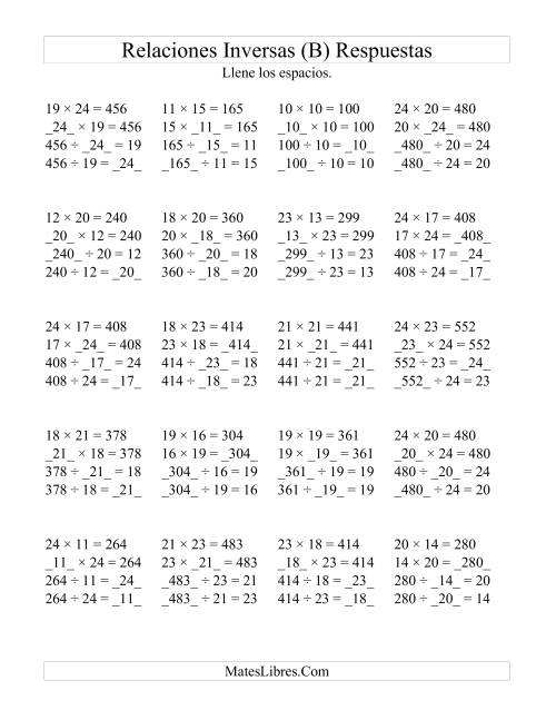 La hoja de ejercicios de Relaciones Inversas, Multiplicación y División de 10 a 25 (B) Página 2