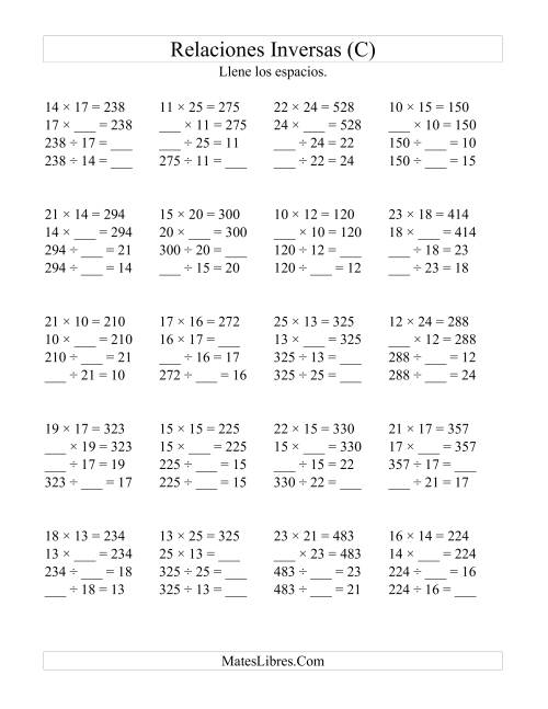 La hoja de ejercicios de Relaciones Inversas, Multiplicación y División de 10 a 25 (C)