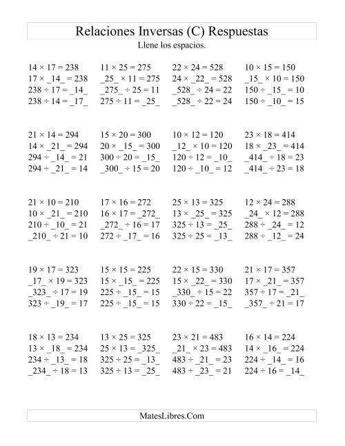 La hoja de ejercicios de Relaciones Inversas, Multiplicación y División de 10 a 25 (C) Página 2