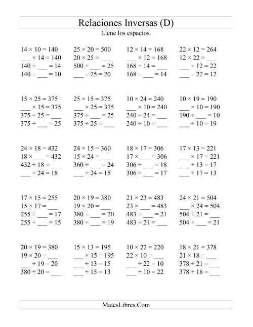 La hoja de ejercicios de Relaciones Inversas, Multiplicación y División de 10 a 25 (D)
