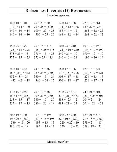 La hoja de ejercicios de Relaciones Inversas, Multiplicación y División de 10 a 25 (D) Página 2