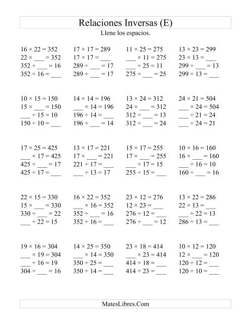 La hoja de ejercicios de Relaciones Inversas, Multiplicación y División de 10 a 25 (E)