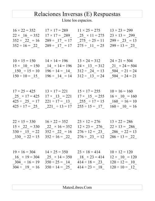 La hoja de ejercicios de Relaciones Inversas, Multiplicación y División de 10 a 25 (E) Página 2