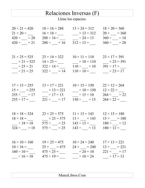 La hoja de ejercicios de Relaciones Inversas, Multiplicación y División de 10 a 25 (F)