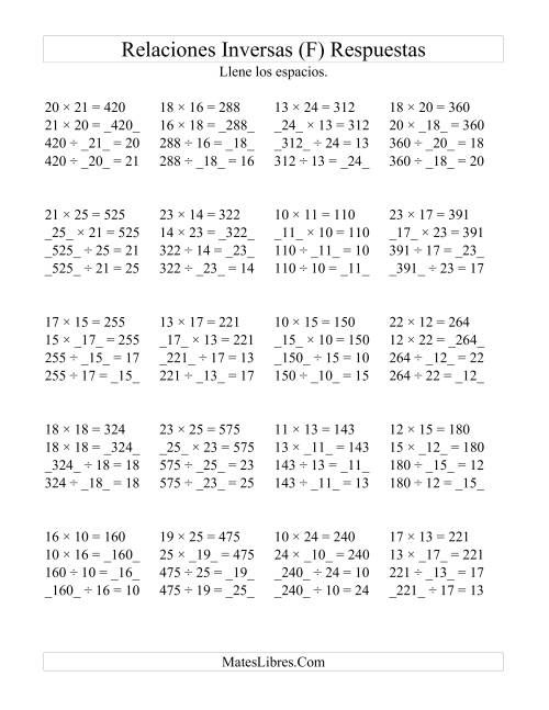 La hoja de ejercicios de Relaciones Inversas, Multiplicación y División de 10 a 25 (F) Página 2