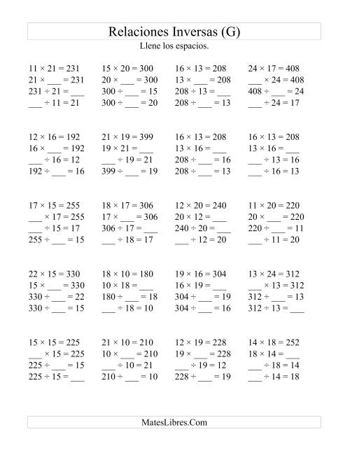 La hoja de ejercicios de Relaciones Inversas, Multiplicación y División de 10 a 25 (G)