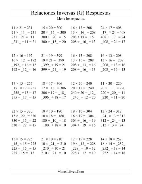 La hoja de ejercicios de Relaciones Inversas, Multiplicación y División de 10 a 25 (G) Página 2