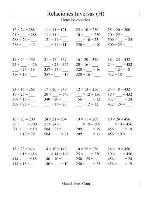 La hoja de ejercicios de Relaciones Inversas, Multiplicación y División de 10 a 25 (H)