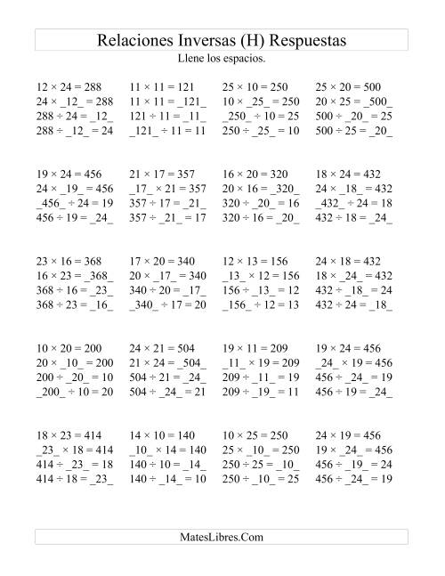 La hoja de ejercicios de Relaciones Inversas, Multiplicación y División de 10 a 25 (H) Página 2