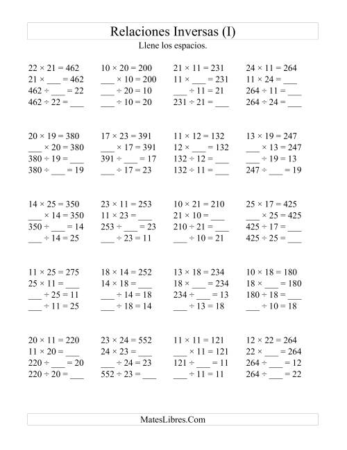 La hoja de ejercicios de Relaciones Inversas, Multiplicación y División de 10 a 25 (I)