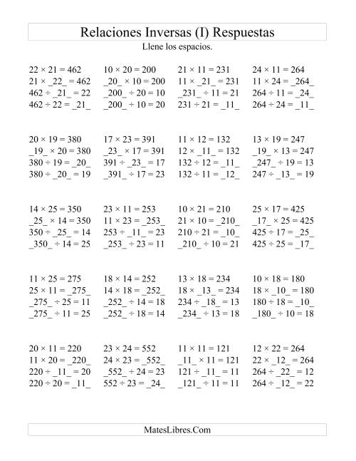 La hoja de ejercicios de Relaciones Inversas, Multiplicación y División de 10 a 25 (I) Página 2