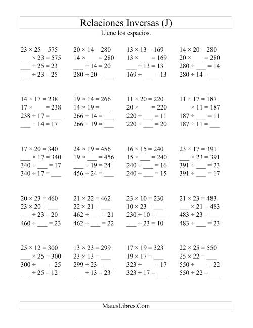 La hoja de ejercicios de Relaciones Inversas, Multiplicación y División de 10 a 25 (J)