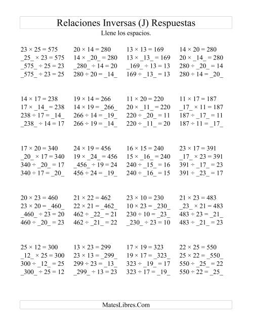 La hoja de ejercicios de Relaciones Inversas, Multiplicación y División de 10 a 25 (J) Página 2