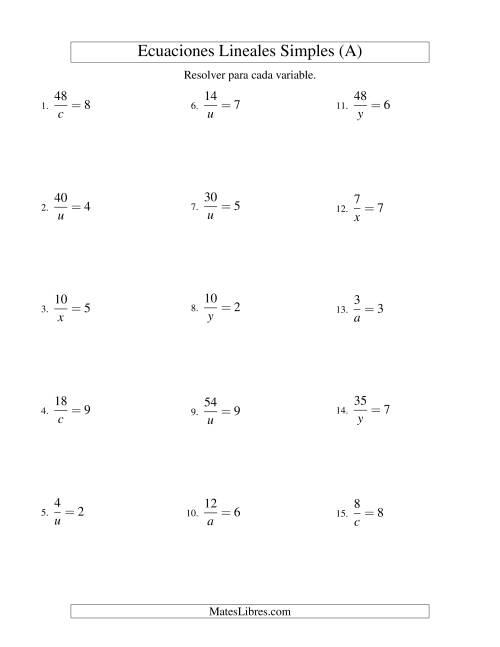 La hoja de ejercicios de Resolver Ecuaciones Lineales de la Forma a/x = c sin Valores Negativos (A)
