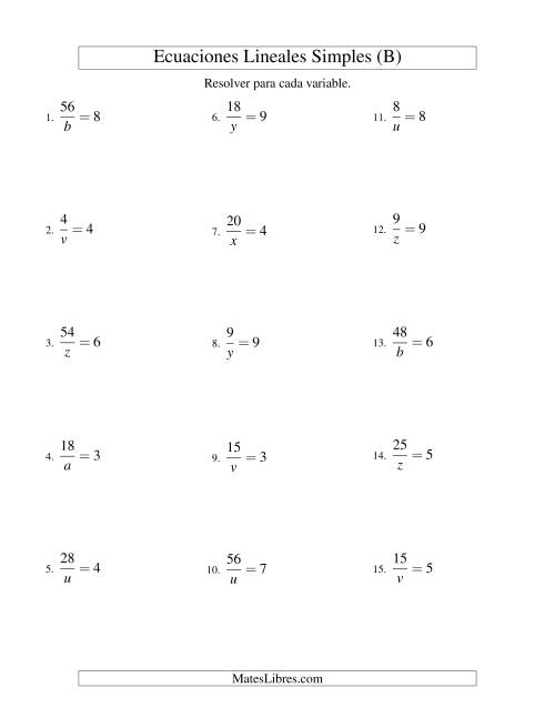 La hoja de ejercicios de Resolver Ecuaciones Lineales de la Forma a/x = c sin Valores Negativos (B)