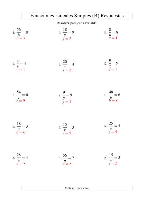 La hoja de ejercicios de Resolver Ecuaciones Lineales de la Forma a/x = c sin Valores Negativos (B) Página 2
