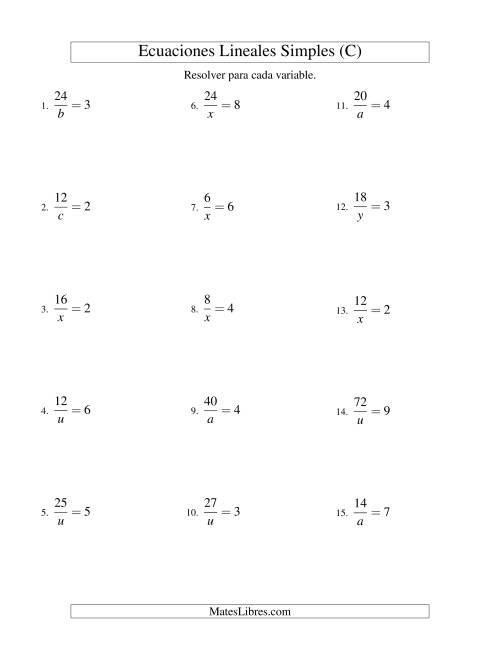 La hoja de ejercicios de Resolver Ecuaciones Lineales de la Forma a/x = c sin Valores Negativos (C)
