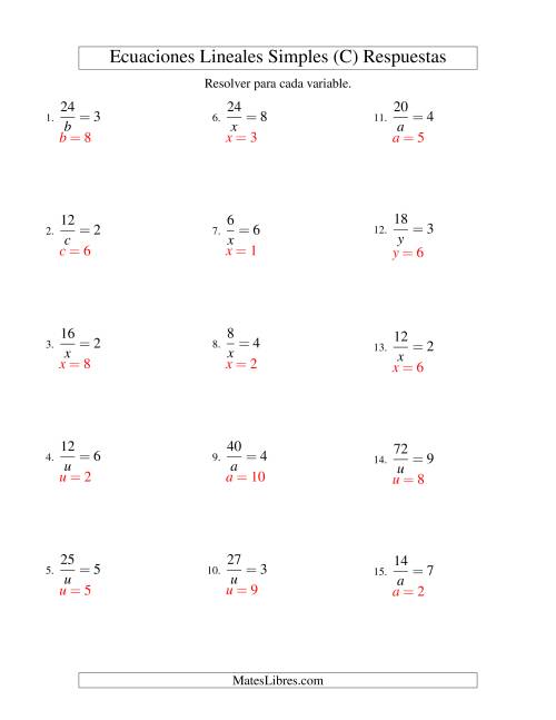 La hoja de ejercicios de Resolver Ecuaciones Lineales de la Forma a/x = c sin Valores Negativos (C) Página 2