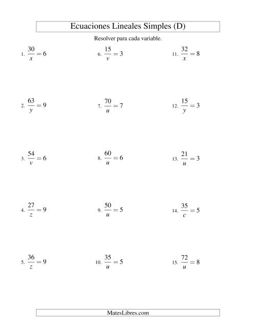 La hoja de ejercicios de Resolver Ecuaciones Lineales de la Forma a/x = c sin Valores Negativos (D)