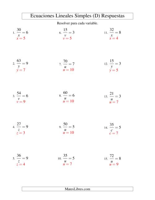 La hoja de ejercicios de Resolver Ecuaciones Lineales de la Forma a/x = c sin Valores Negativos (D) Página 2