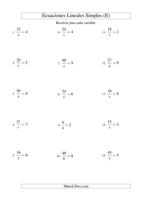 La hoja de ejercicios de Resolver Ecuaciones Lineales de la Forma a/x = c sin Valores Negativos (E)