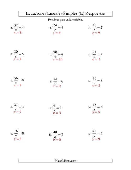 La hoja de ejercicios de Resolver Ecuaciones Lineales de la Forma a/x = c sin Valores Negativos (E) Página 2