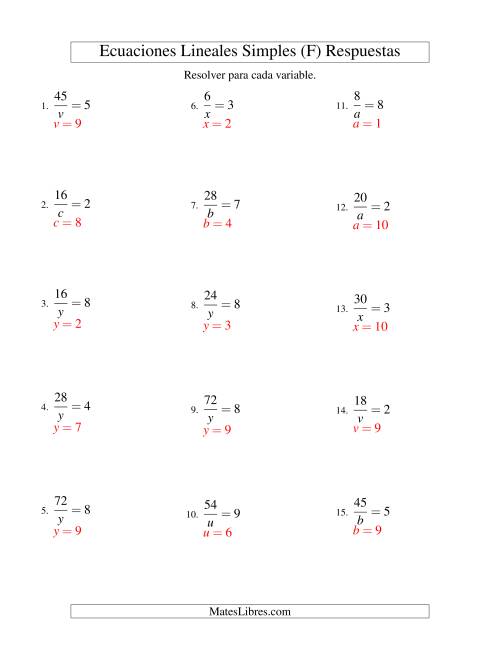 La hoja de ejercicios de Resolver Ecuaciones Lineales de la Forma a/x = c sin Valores Negativos (F) Página 2