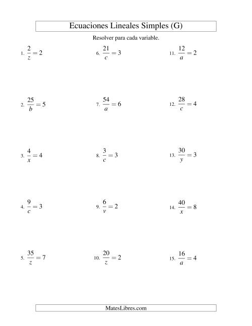 La hoja de ejercicios de Resolver Ecuaciones Lineales de la Forma a/x = c sin Valores Negativos (G)