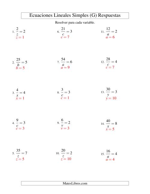 La hoja de ejercicios de Resolver Ecuaciones Lineales de la Forma a/x = c sin Valores Negativos (G) Página 2