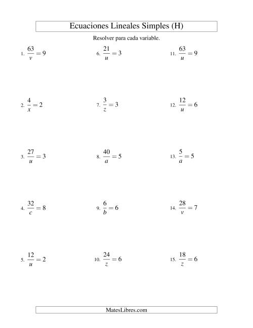 La hoja de ejercicios de Resolver Ecuaciones Lineales de la Forma a/x = c sin Valores Negativos (H)
